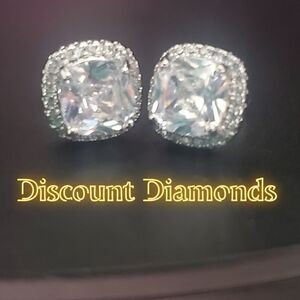 Clear White Diamond Stud Earrings with White Baguette Diamonds 925 Silver